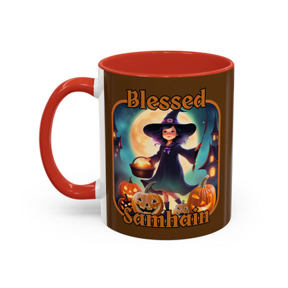 Blessed Samhain Little Witch Orange font Brown Accent Mug by CreepyCrafts.boo