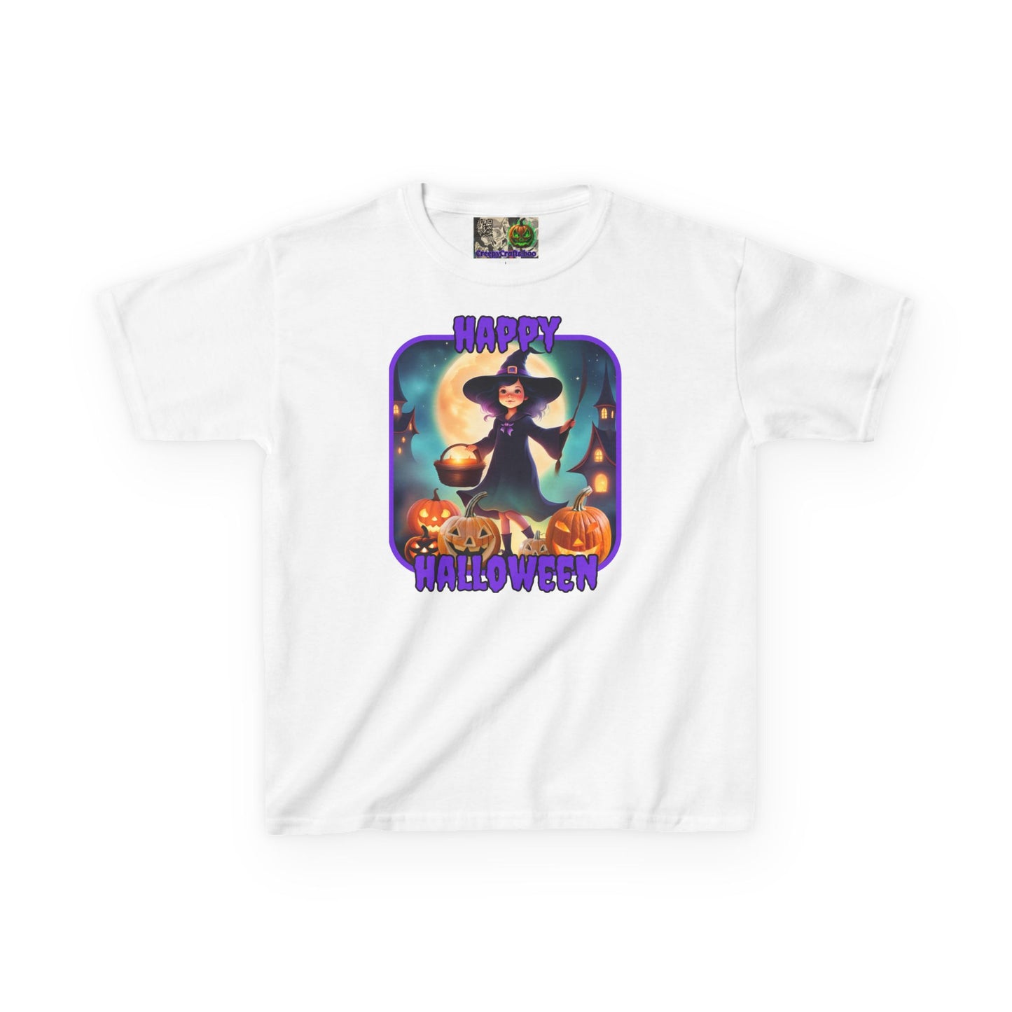 Happy Halloween Little Witch Purple font Kids Heavy Cotton™ Tee by CreepyCrafts.boo
