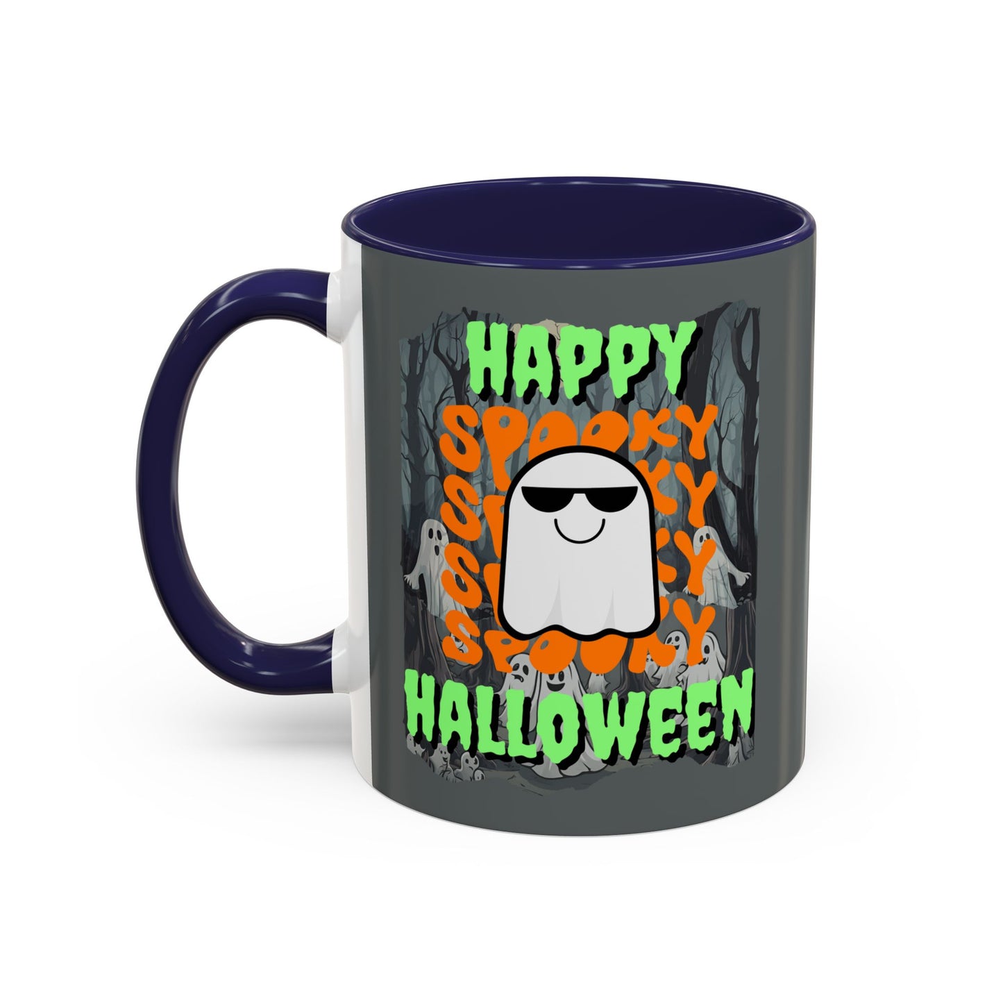 Spooky Happy Halloween Ghost Green font Grey Accent Mug by CreepyCrafts.boo