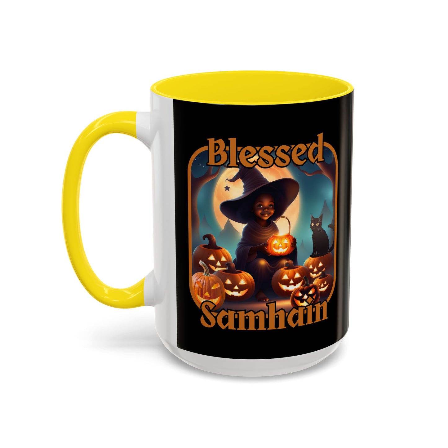 Blessed Samhain Cute Witch Orange font Black Accent Mug by CreepyCrafts.boo