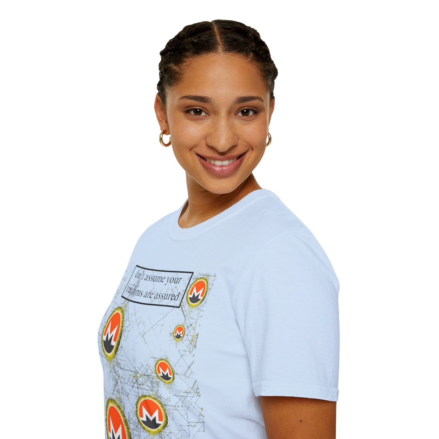 Monero (XMR) don't assume your freedoms are assured Light colors Unisex T-Shirt by cypherpunkgear.com