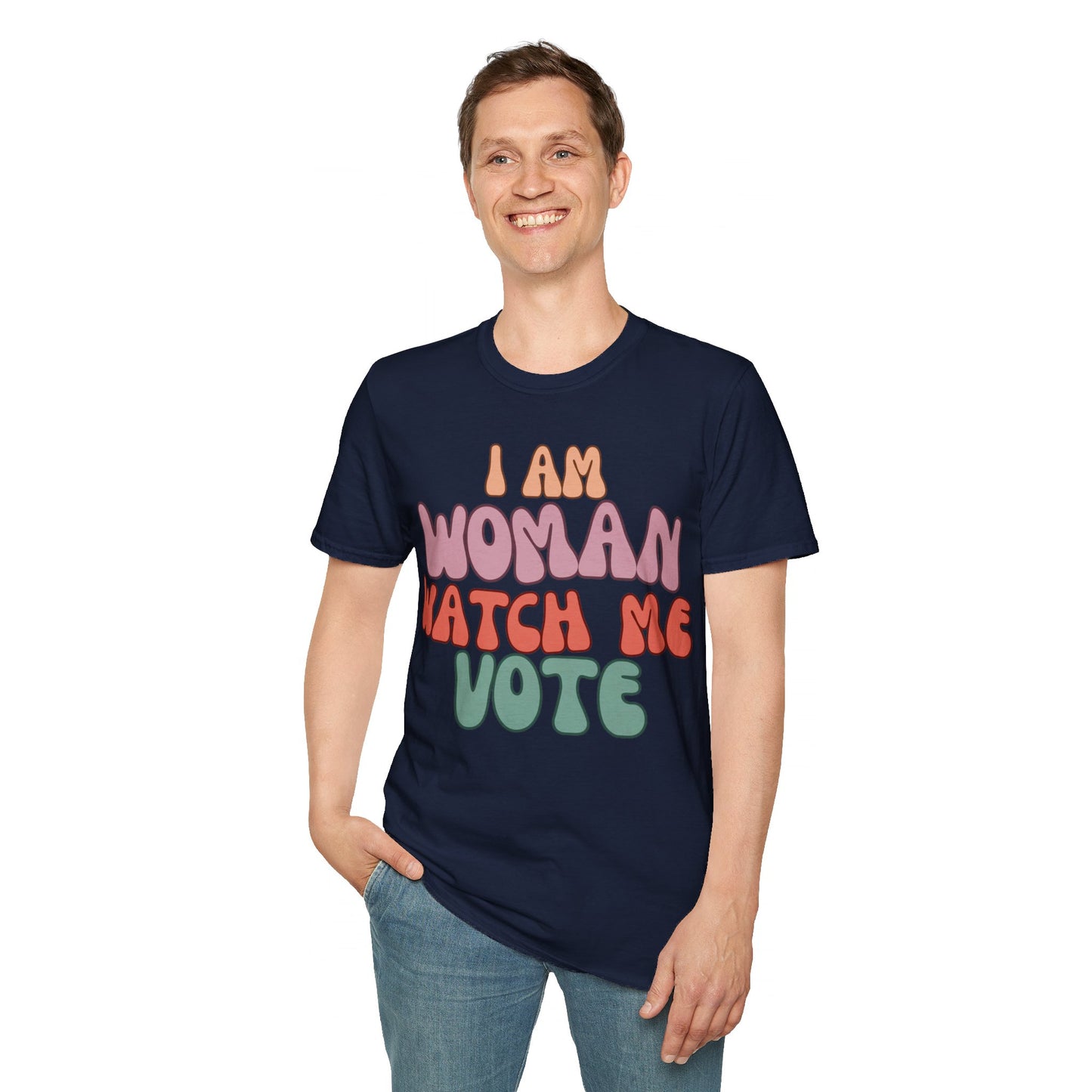 2-sided I Am Woman Watch Me Vote DKcolors Unisex T-Shirt by cypherpunkgear