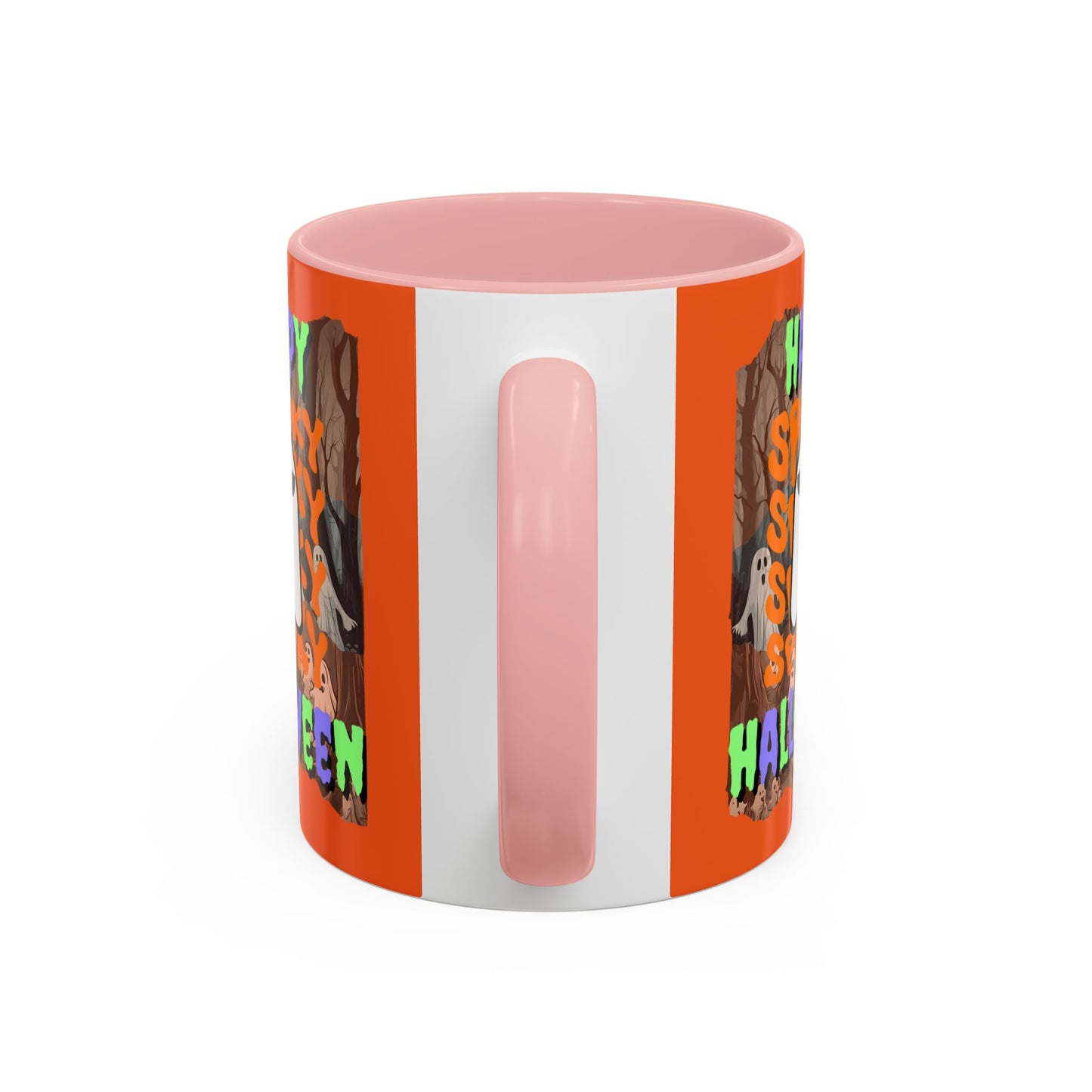 Spooky Happy Halloween Ghost Mixed font Orange Accent Mug by CreepyCrafts.boo