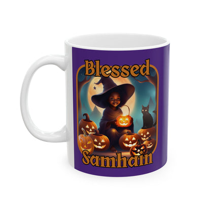 Blessed Samhain Cute Witch ORfont Purple Mug by cypherpunkgear