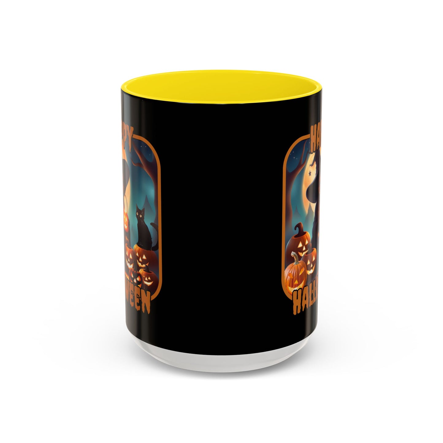 Happy Halloween Cute Witch Orange font Black Accent Mug by CreepyCrafts.boo