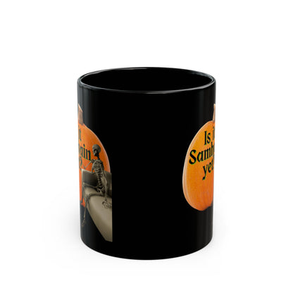 Is It Samhain Yet? Skeleton's Giant Pumpkin Black Mug by CreepyCrafts.boo