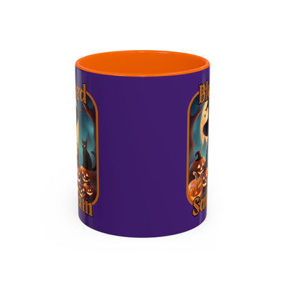 Blessed Samhain Cute Witch Orange font Purple Accent Mug by CreepyCrafts.boo