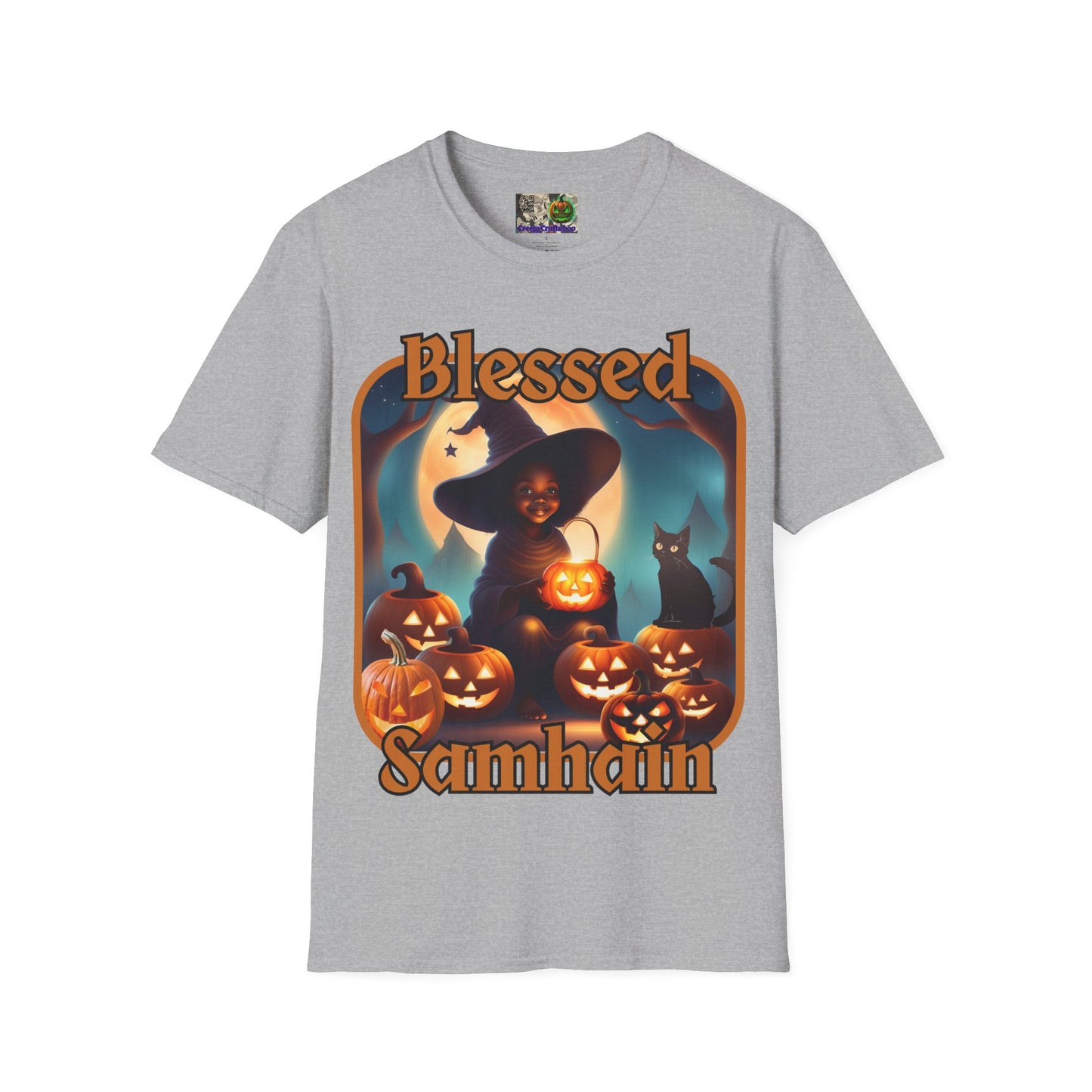 Blessed Samhain Cute Witch Orange font Light colors Unisex T-Shirt by CreepyCrafts.boo
