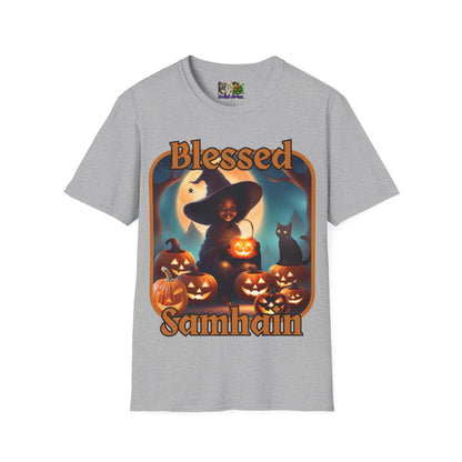 Blessed Samhain Cute Witch Orange font Light colors Unisex T-Shirt by CreepyCrafts.boo