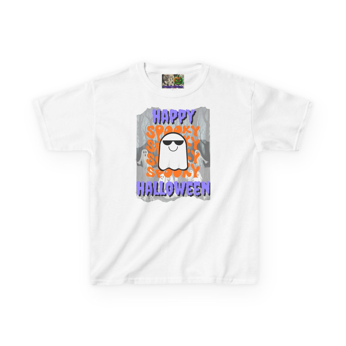 Spooky Happy Halloween Ghost Purple font Kids Heavy Cotton™ Tee by CreepyCrafts.boo