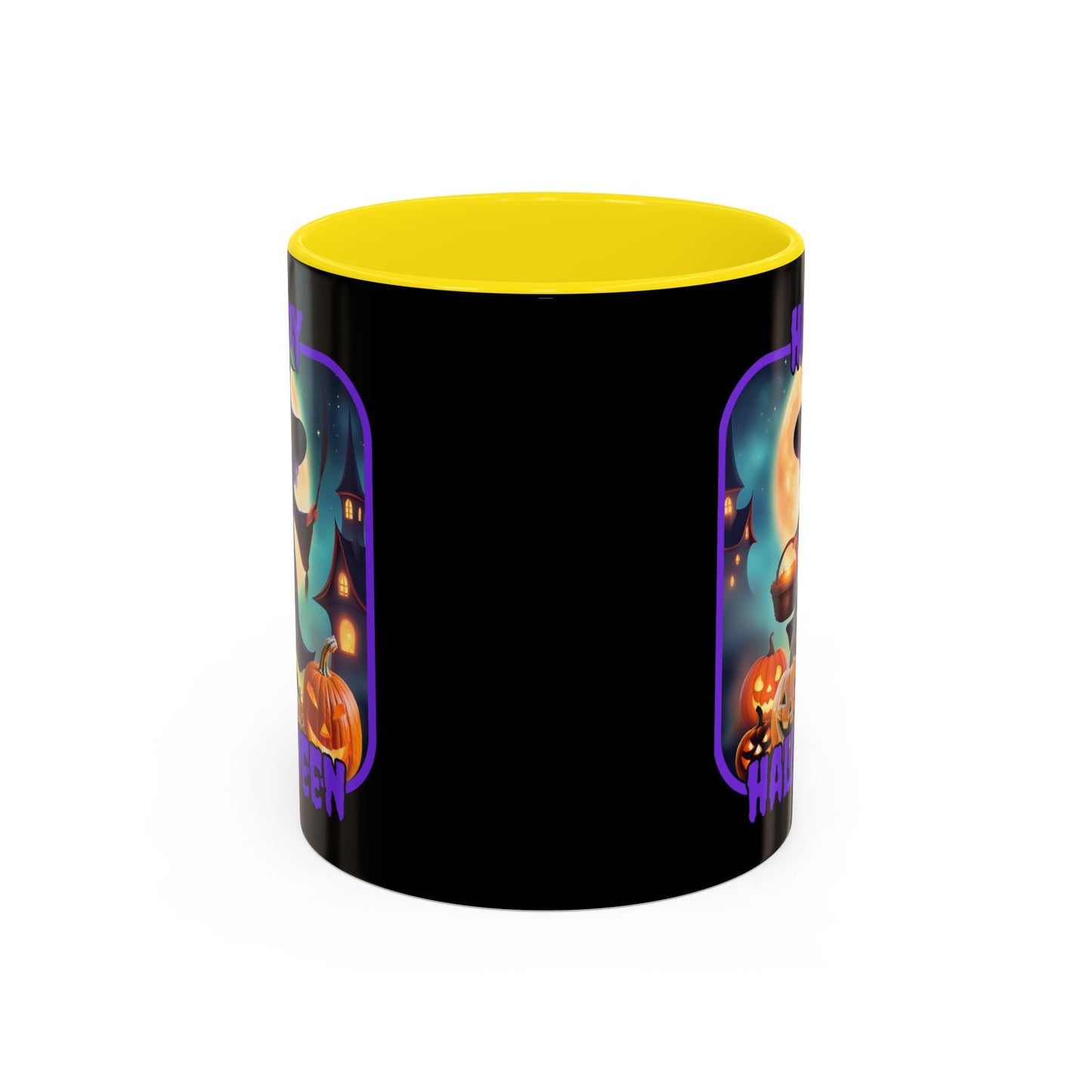 Happy Halloween Little Witch Purple font Black Accent Mug by CreepyCrafts.boo