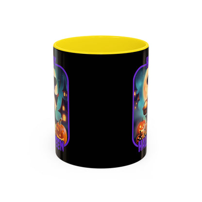 Happy Halloween Little Witch Purple font Black Accent Mug by CreepyCrafts.boo