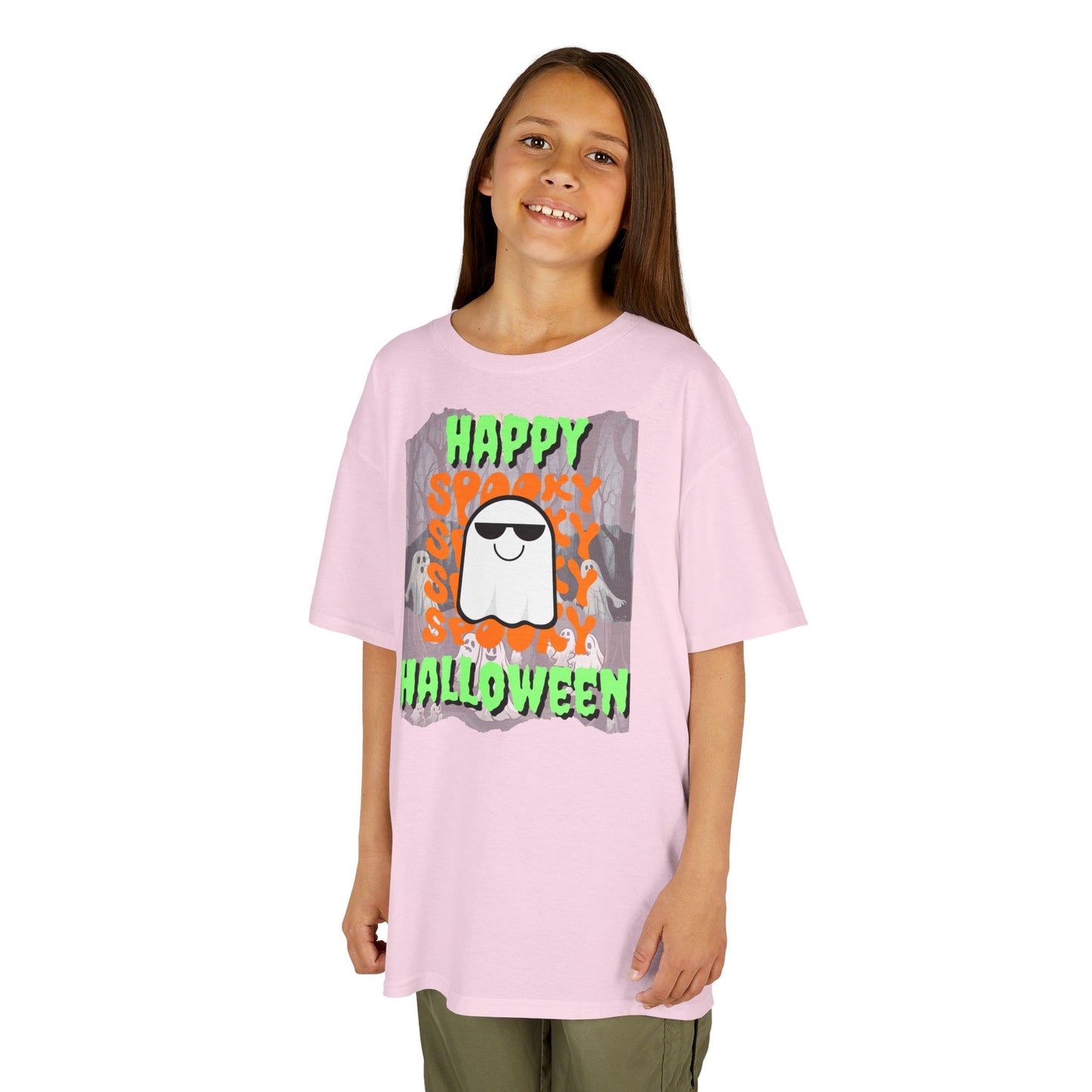 Spooky Happy Halloween Ghost Green font Kids Heavy Cotton™ Tee by CreepyCrafts.boo