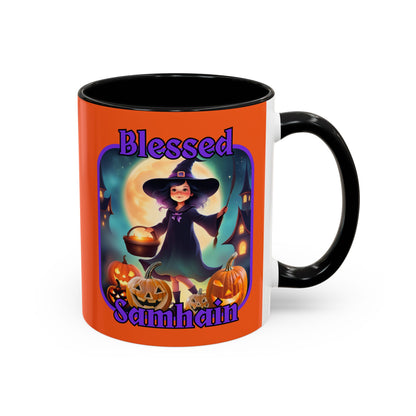 Blessed Samhain Little Witch Purple font Orange Accent Mug by CreepyCrafts.boo