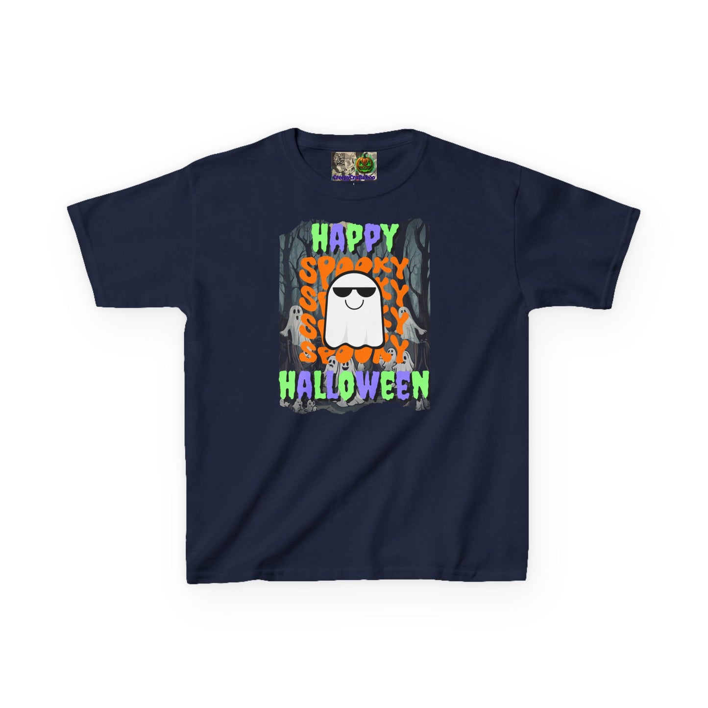 Spooky Happy Halloween Ghost Mixed font Kids Heavy Cotton™ Tee by CreepyCrafts.boo
