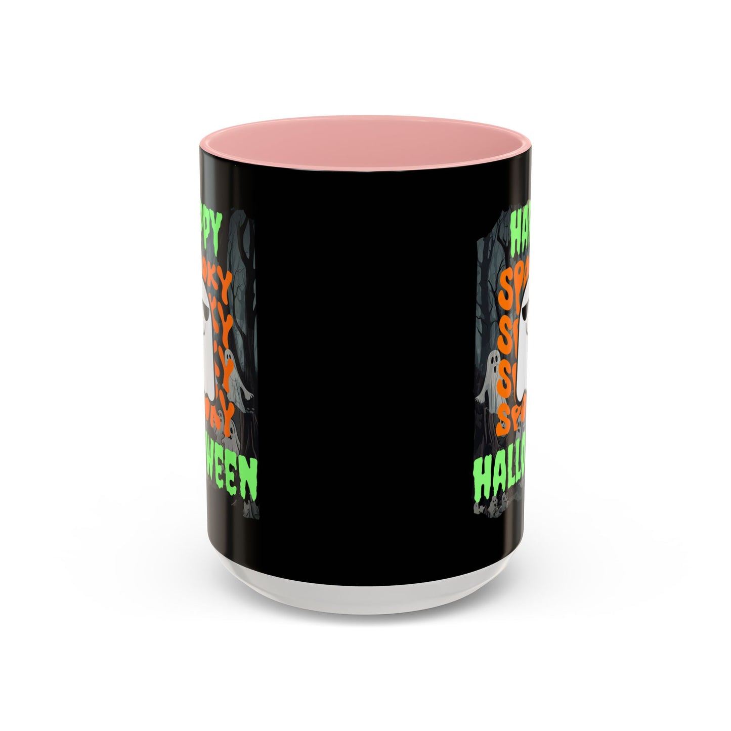 Spooky Happy Halloween Ghost Green font Black Accent Mug by CreepyCrafts.boo
