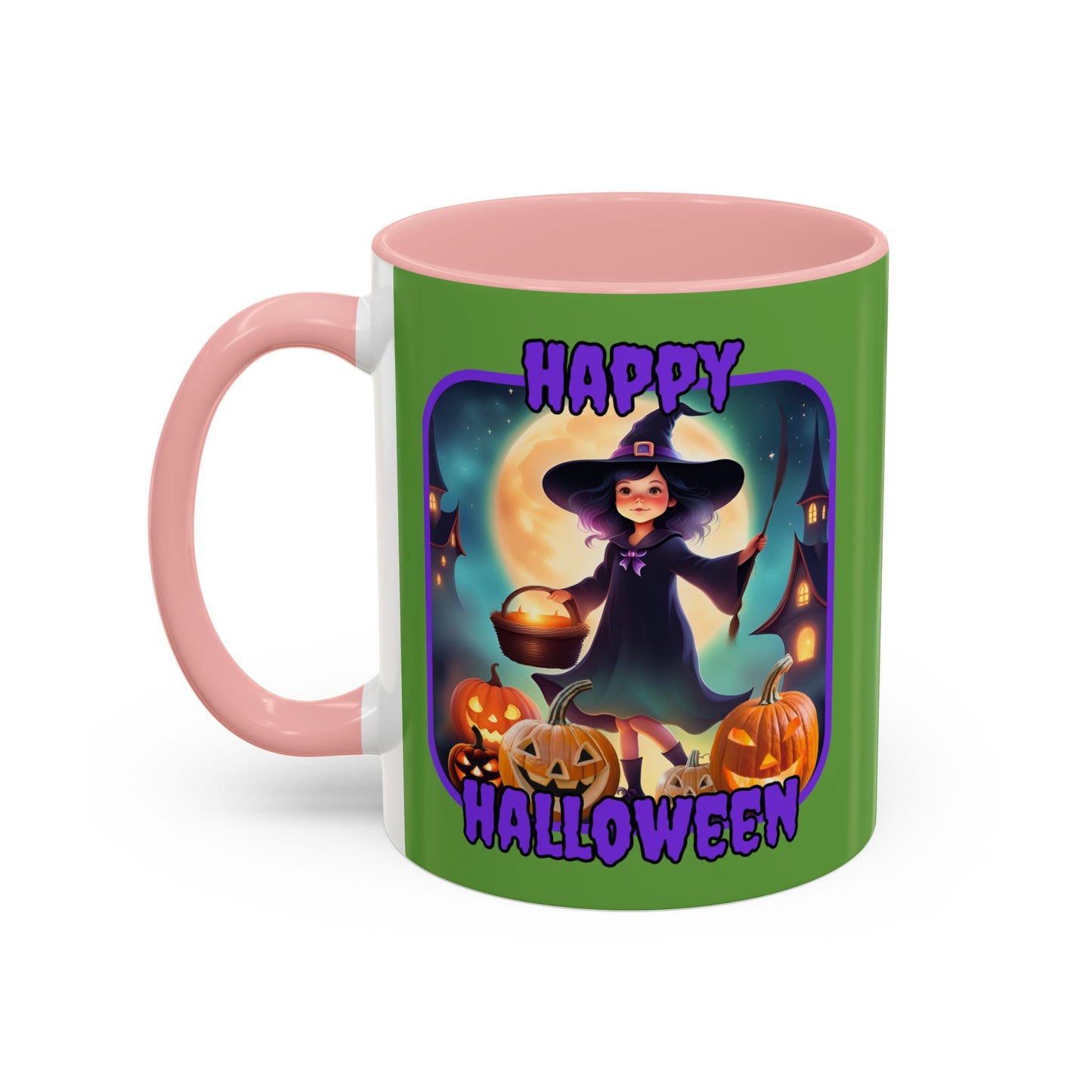 Happy Halloween Little Witch Purple font Green Accent Mug by CreepyCrafts.boo