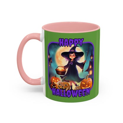 Happy Halloween Little Witch Purple font Green Accent Mug by CreepyCrafts.boo