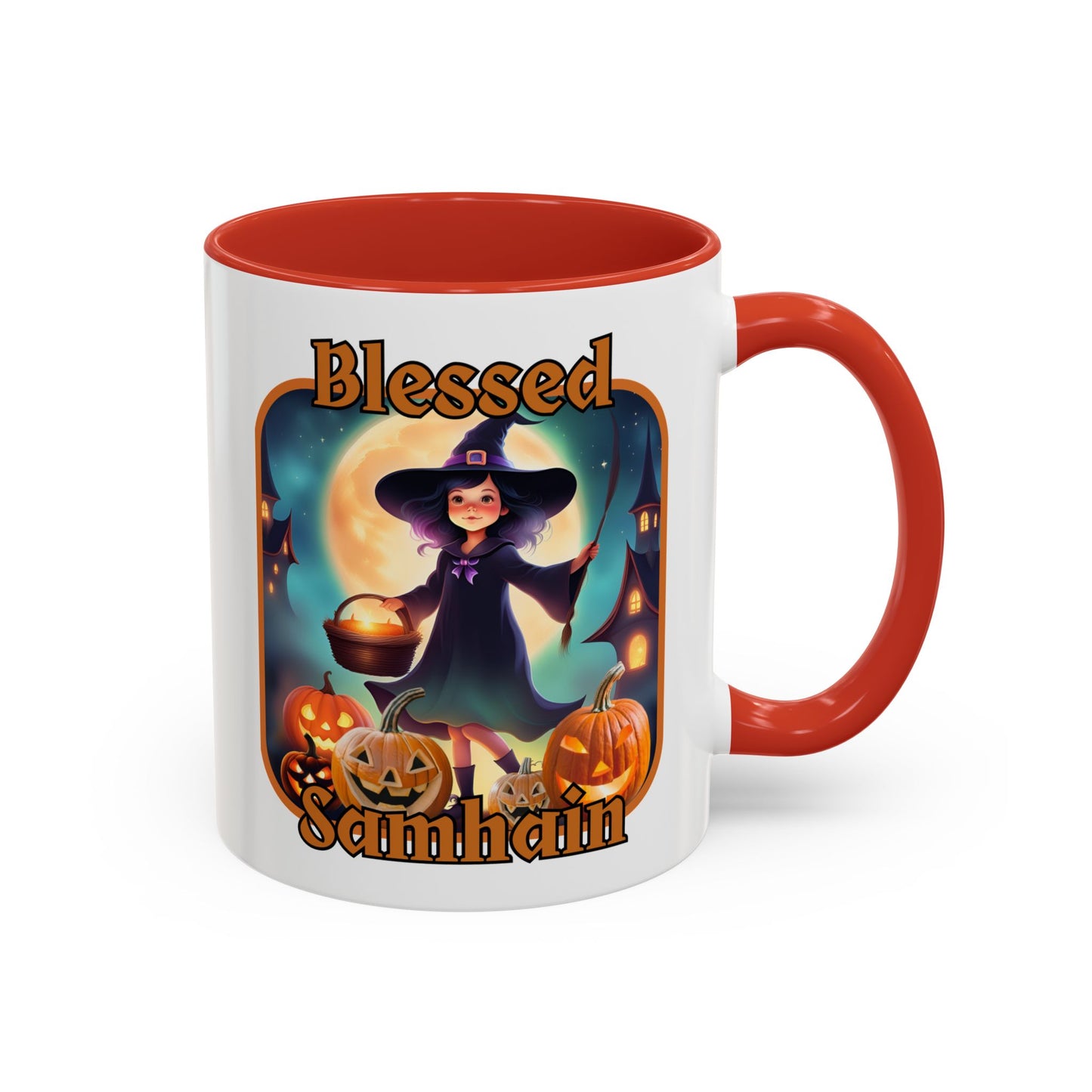 Blessed Samhain Little Witch Orange font White Accent Mug by CreepyCrafts.boo