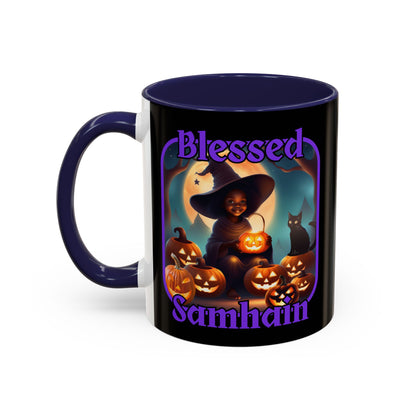 Blessed Samhain Cute Witch Purple font Black Accent Mug by CreepyCrafts.boo