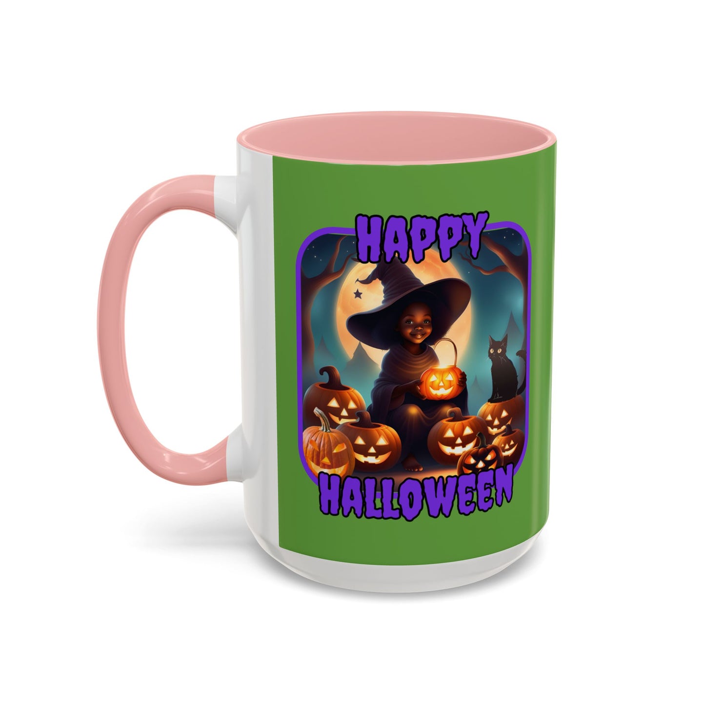 Happy Halloween Cute Witch Purple font Green Accent Mug by CreepyCrafts.boo