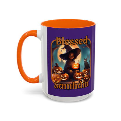 Blessed Samhain Cute Witch Orange font Purple Accent Mug by CreepyCrafts.boo