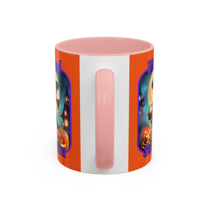 Blessed Samhain Little Witch Purple font Orange Accent Mug by CreepyCrafts.boo