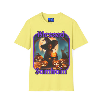 Blessed Samhain Cute Witch PRfont LTcolors Unisex T-Shirt by cypherpunkgear