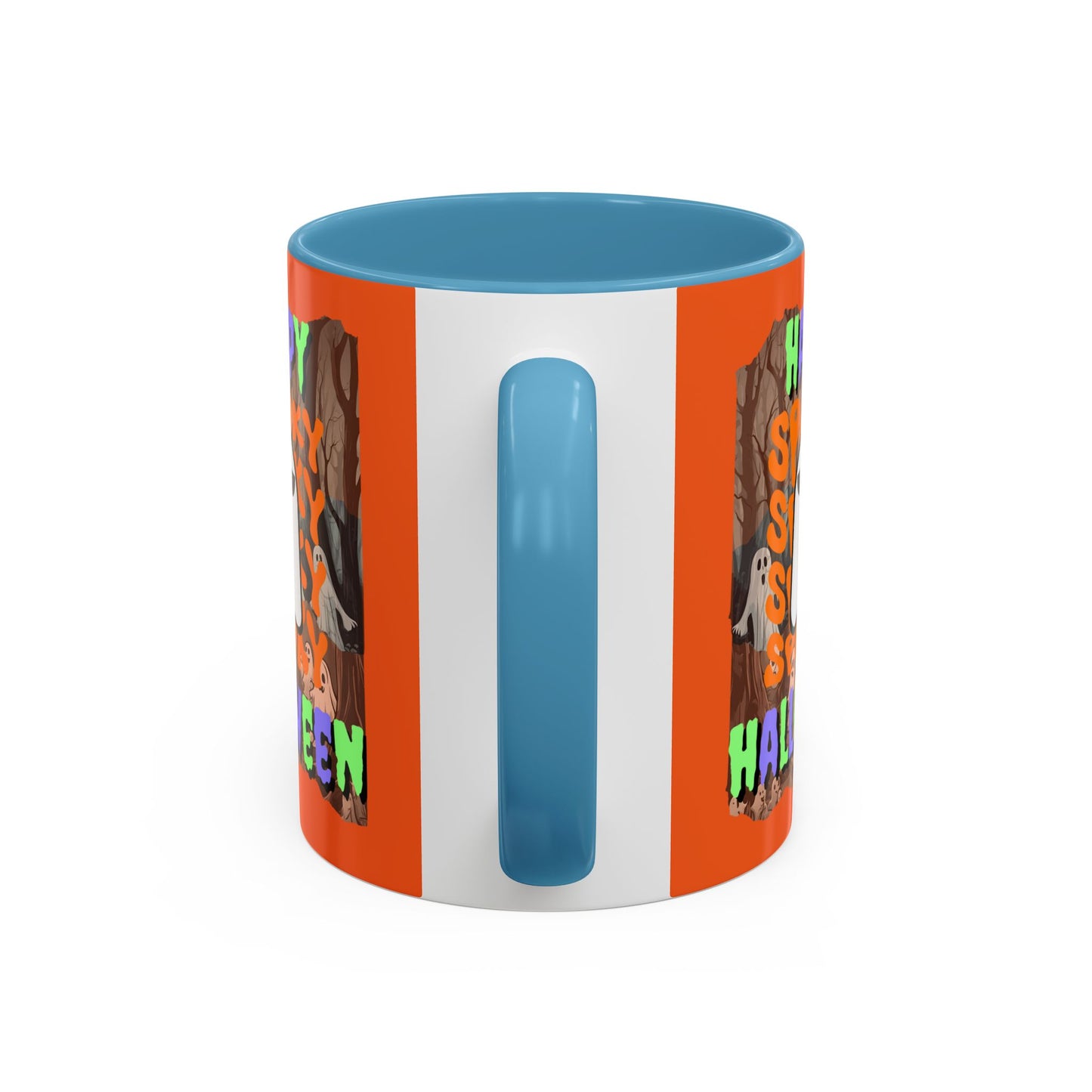 Spooky Happy Halloween Ghost Mixed font Orange Accent Mug by CreepyCrafts.boo
