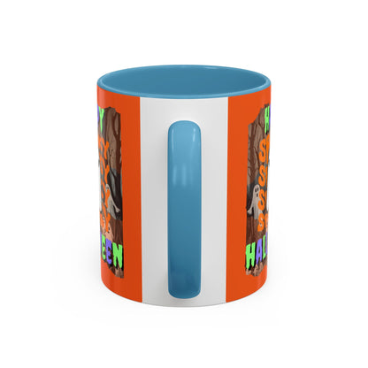 Spooky Happy Halloween Ghost Mixed font Orange Accent Mug by CreepyCrafts.boo