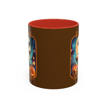 Blessed Samhain Little Witch Orange font Brown Accent Mug by CreepyCrafts.boo