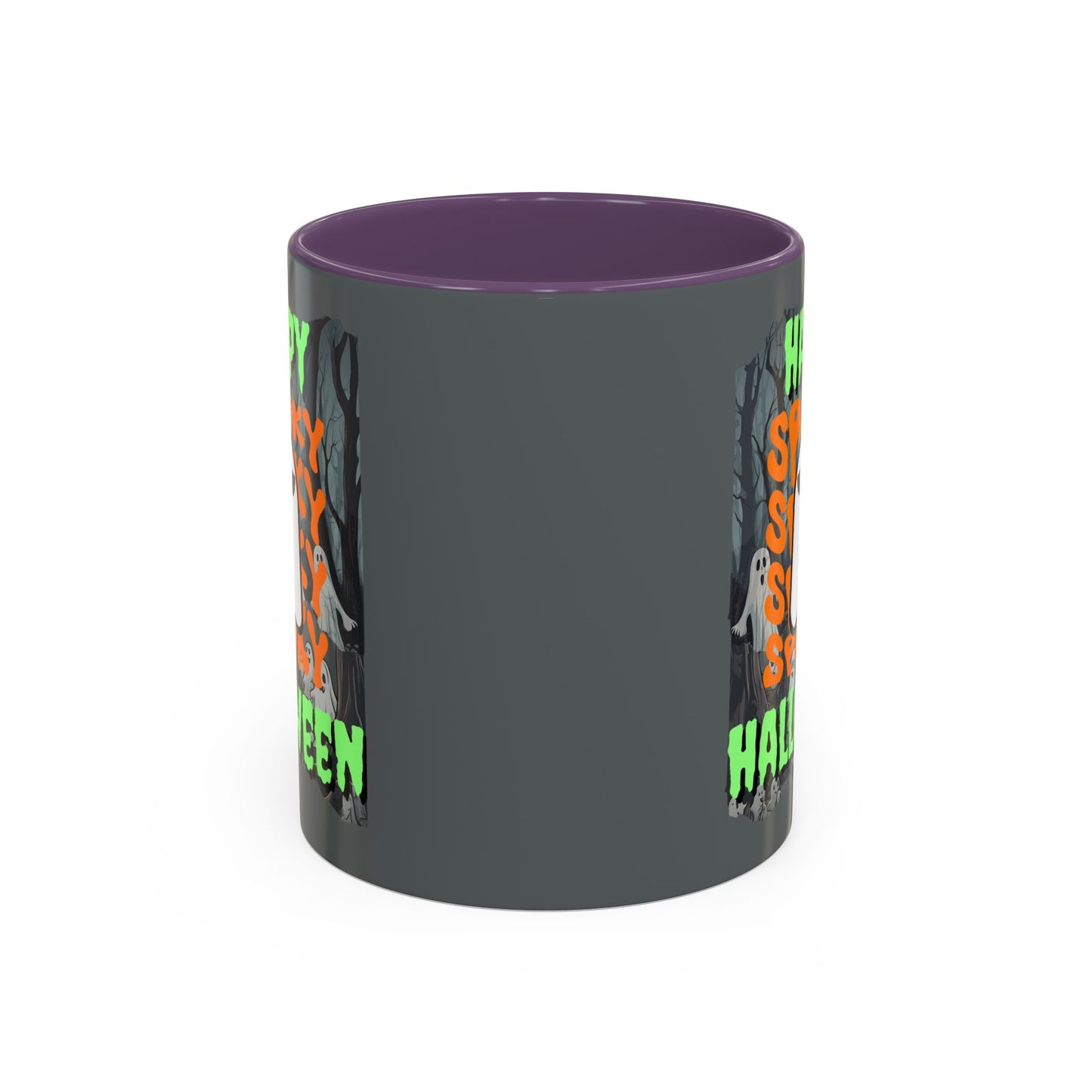 Spooky Happy Halloween Ghost Green font Grey Accent Mug by CreepyCrafts.boo