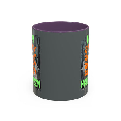 Spooky Happy Halloween Ghost Green font Grey Accent Mug by CreepyCrafts.boo
