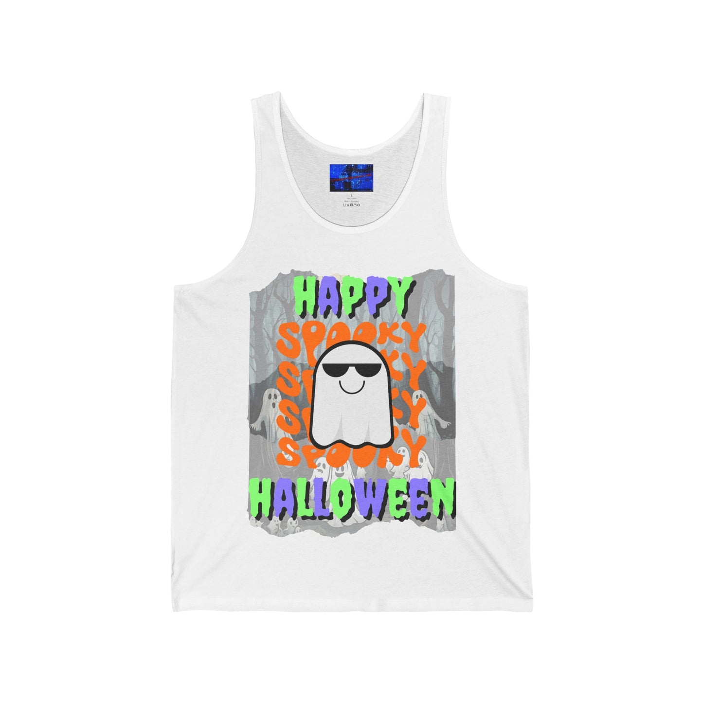 Spooky Happy Halloween Ghost MXfont Unisex Jersey Tank Top by cypherpunkgear