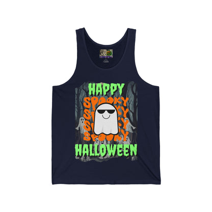 Spooky Happy Halloween Ghost Green font Unisex Jersey Tank Top by CreepyCrafts.boo