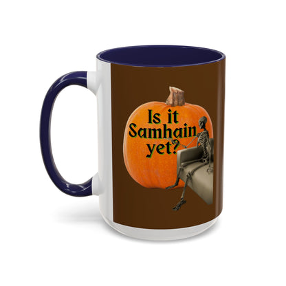 Is It Samhain Yet? Skeleton's Giant Pumpkin Brown Accent Mug by CreepyCrafts.boo