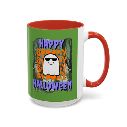 Spooky Happy Halloween Ghost Purple font Green Accent Mug by CreepyCrafts.boo