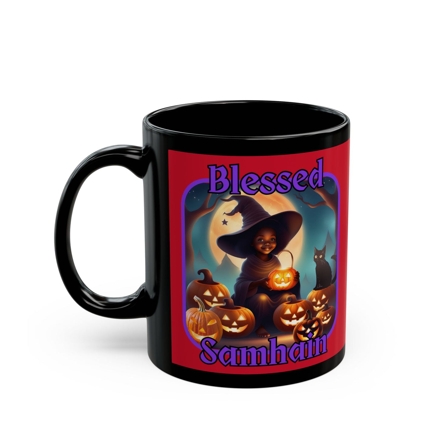 Blessed Samhain Cute Witch Purple font Red Mug by CreepyCrafts.boo
