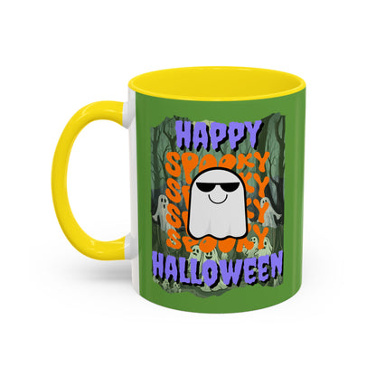Spooky Happy Halloween Ghost Purple font Green Accent Mug by CreepyCrafts.boo