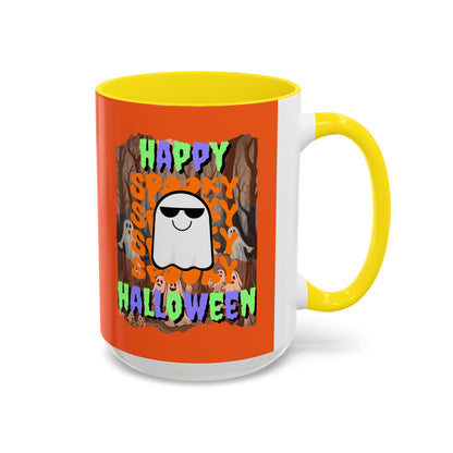 Spooky Happy Halloween Ghost Mixed font Orange Accent Mug by CreepyCrafts.boo