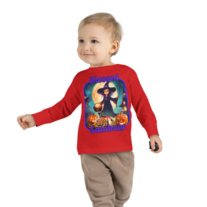Blessed Samhain Little Witch Purple font Toddler Long Sleeve Tee by CreepyCrafts.boo