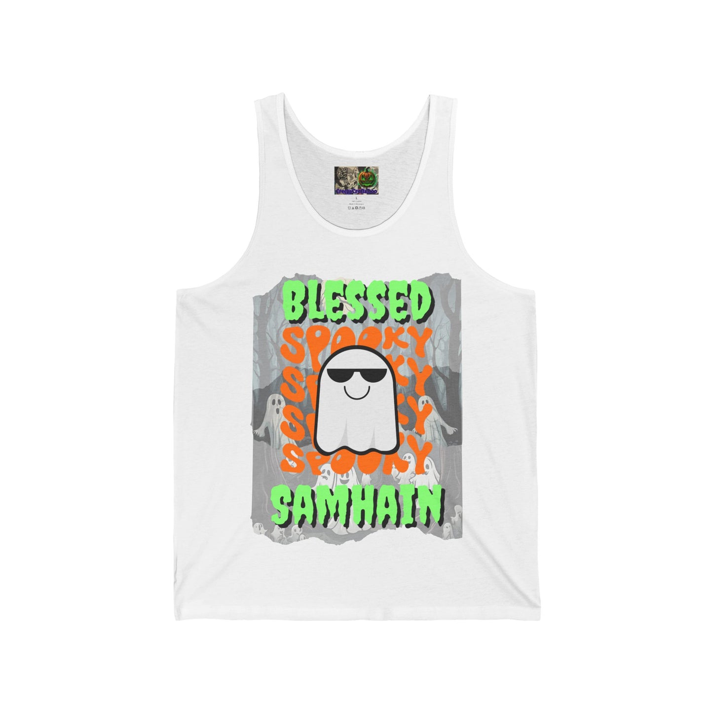 Spooky Blessed Samhain Ghost Green font Unisex Jersey Tank Top by CreepyCrafts.boo