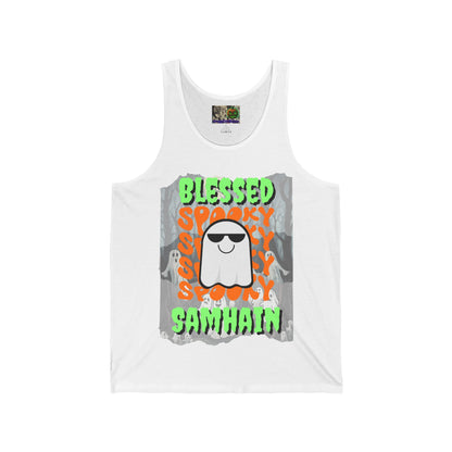 Spooky Blessed Samhain Ghost Green font Unisex Jersey Tank Top by CreepyCrafts.boo