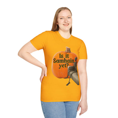 Is It Samhain Yet? Skeleton's Giant Pumpkin Light colors Unisex T-Shirt by CreepyCrafts.boo