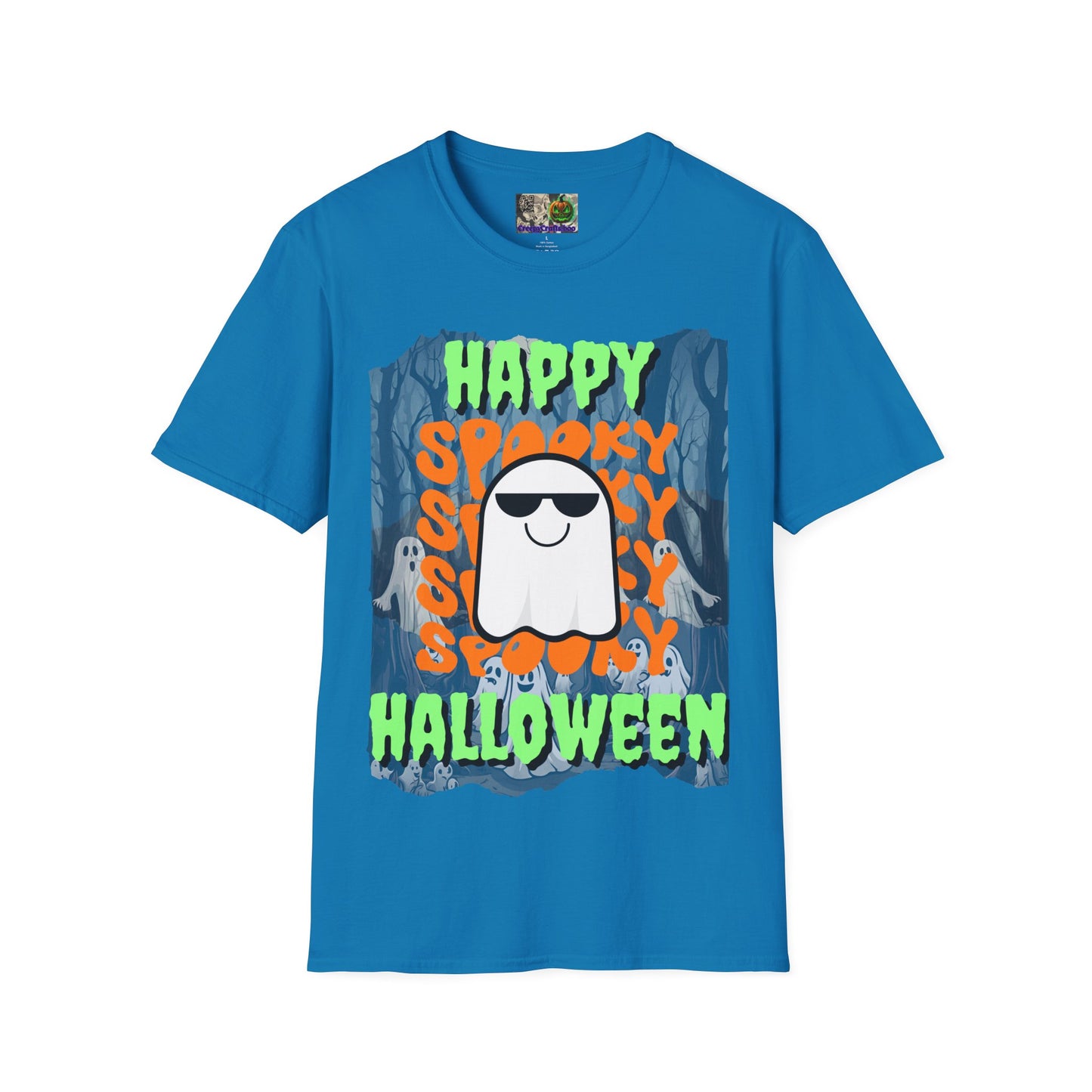 Spooky Happy Halloween Ghost Dark colors Green font Unisex T-Shirt by CreepyCrafts.boo