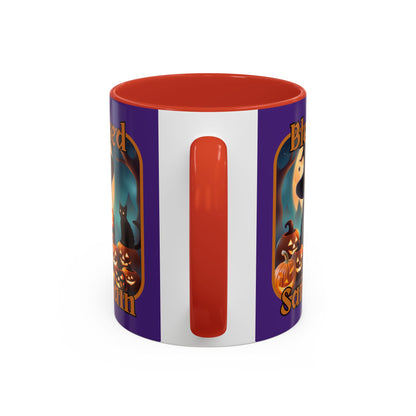 Blessed Samhain Cute Witch Orange font Purple Accent Mug by CreepyCrafts.boo