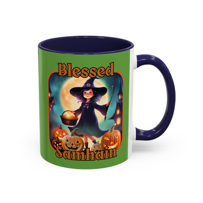 Blessed Samhain Little Witch Orange font Green Accent Mug by CreepyCrafts.boo