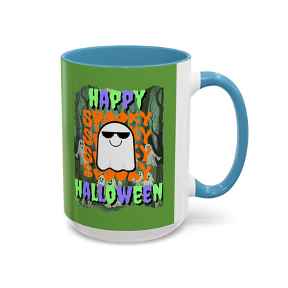 Spooky Happy Halloween Ghost Mixed font Green Accent Mug by CreepyCrafts.boo