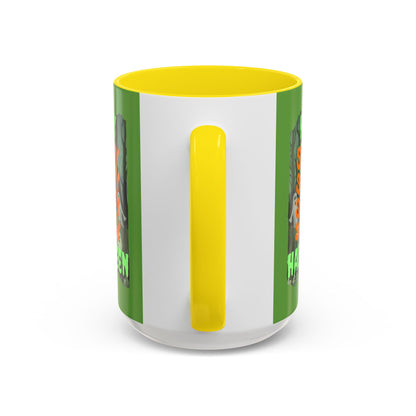 Spooky Happy Halloween Ghost Green font Green Accent Mug by CreepyCrafts.boo