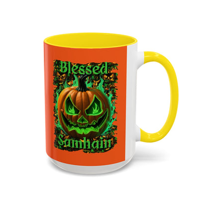 Blessed Samhain Green Jack Orange Accent Mug by CreepyCrafts.boo